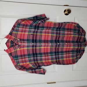Men's classic fit short sleeve button down shirt red yellow blue plaid sz medium